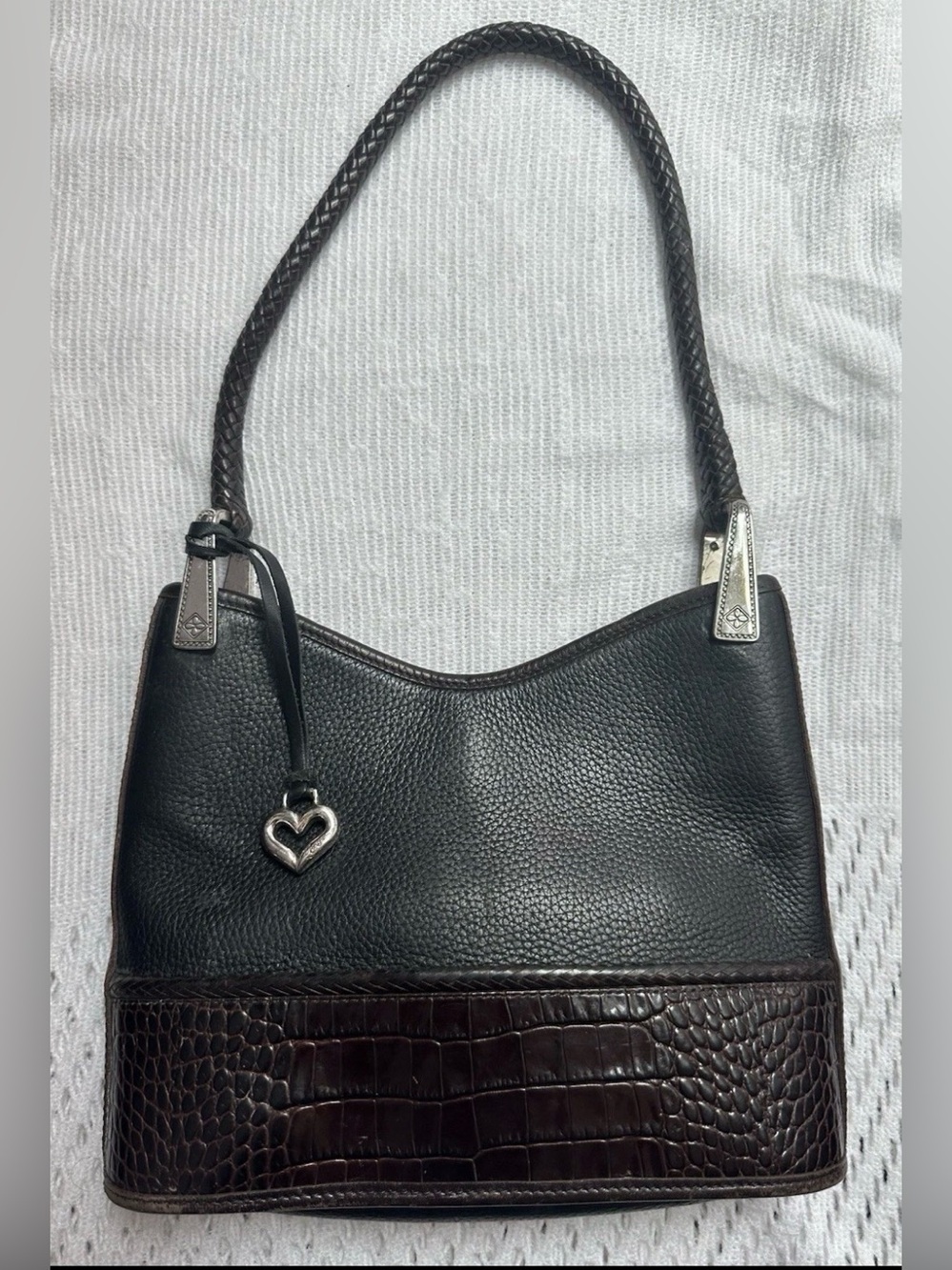 Vintage Brighton Black Leather Shoulder Bag with Brown Embossed Croc